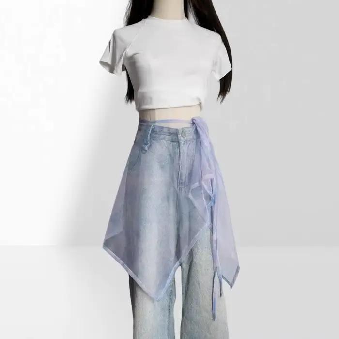 Jupe longue en dentelle taille haute transparente Y2K Streetwear avec cordon de serrage