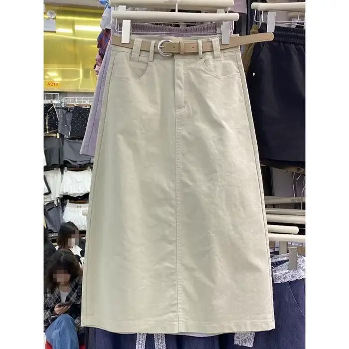 Jupe mi-longue en jean délavé à taille haute pour femme