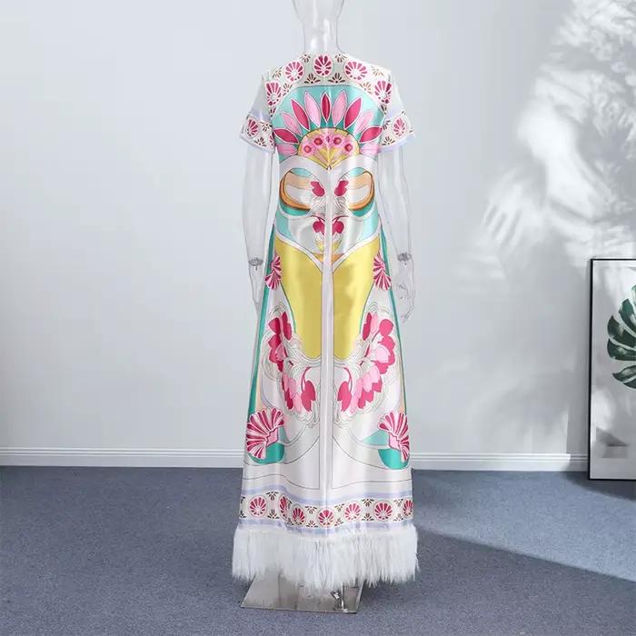 Robe longue imprimée pour femme, à manches mi-longues et col rond, avec ourlet à franges, tenue de mode quotidienne, idéale pour les rendez-vous et les soirées 2026