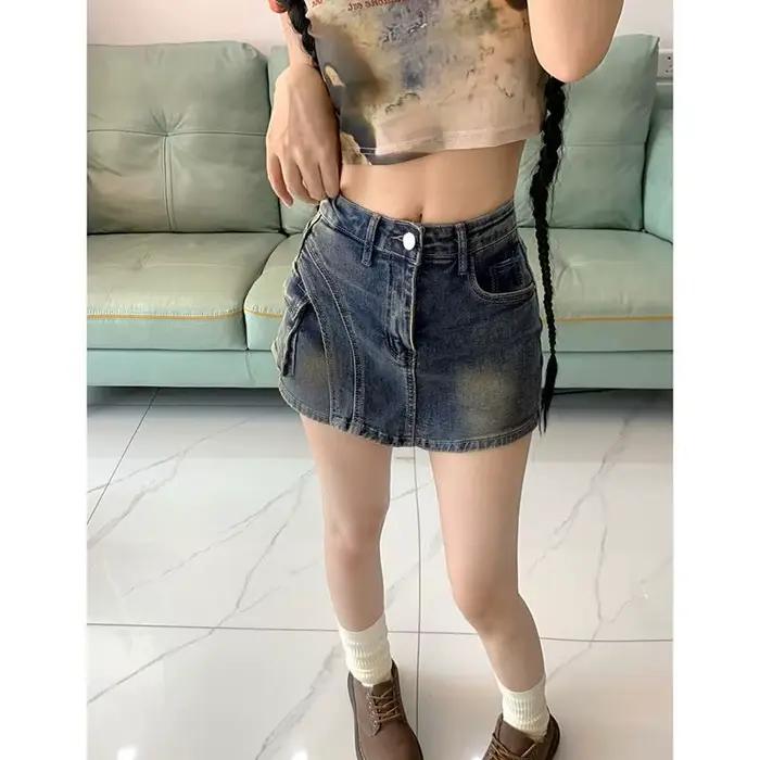 Jupe-culotte en jean taille haute amincissante style rétro sexy pour femme