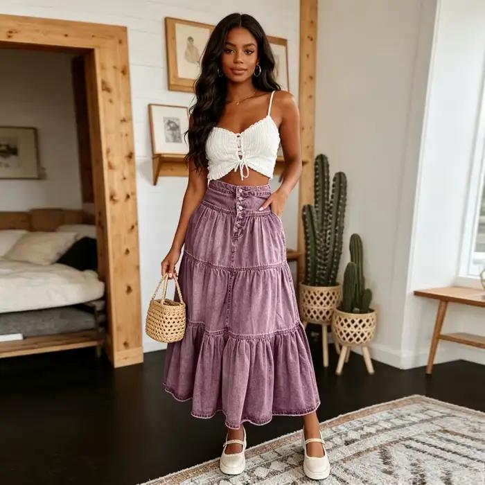 Jupe longue femme vintage en jean superposée style gâteau