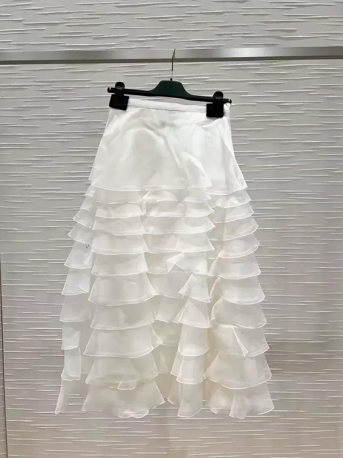 Jupe trapèze asymétrique taille haute pour femme en soie à volants