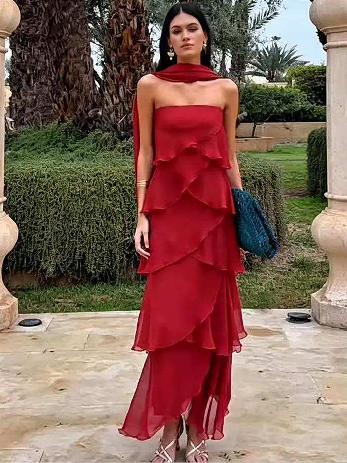 Robes longues sans bretelles à volants en cascade pour femmes