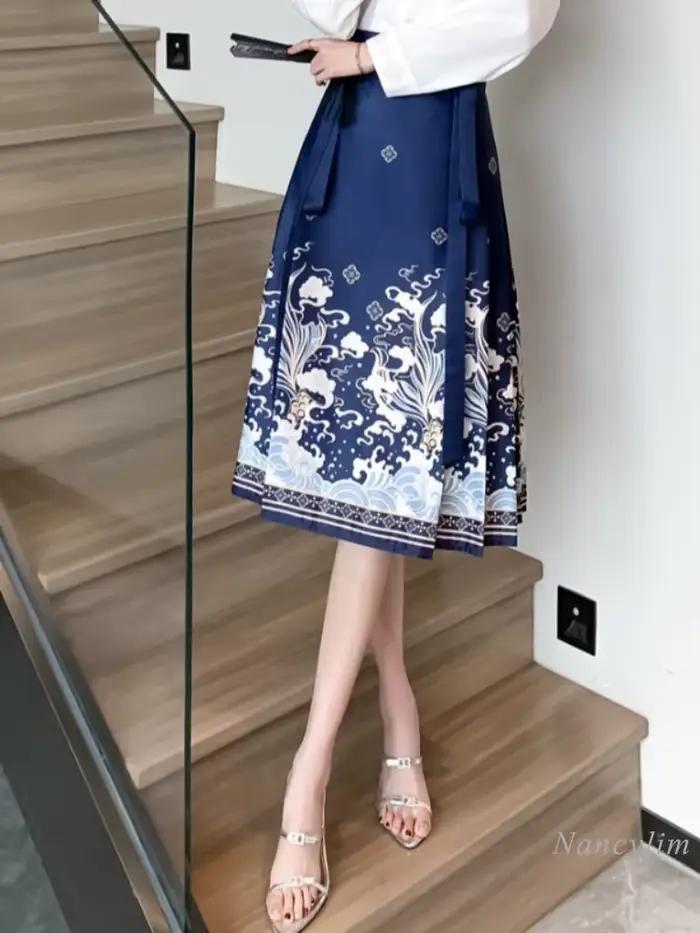Jupe visage de cheval améliorée de style chinois pour femmes, jupes Hanfu Piedmont, tenues de rue pour dames, nouveau, printemps et été, 2024
