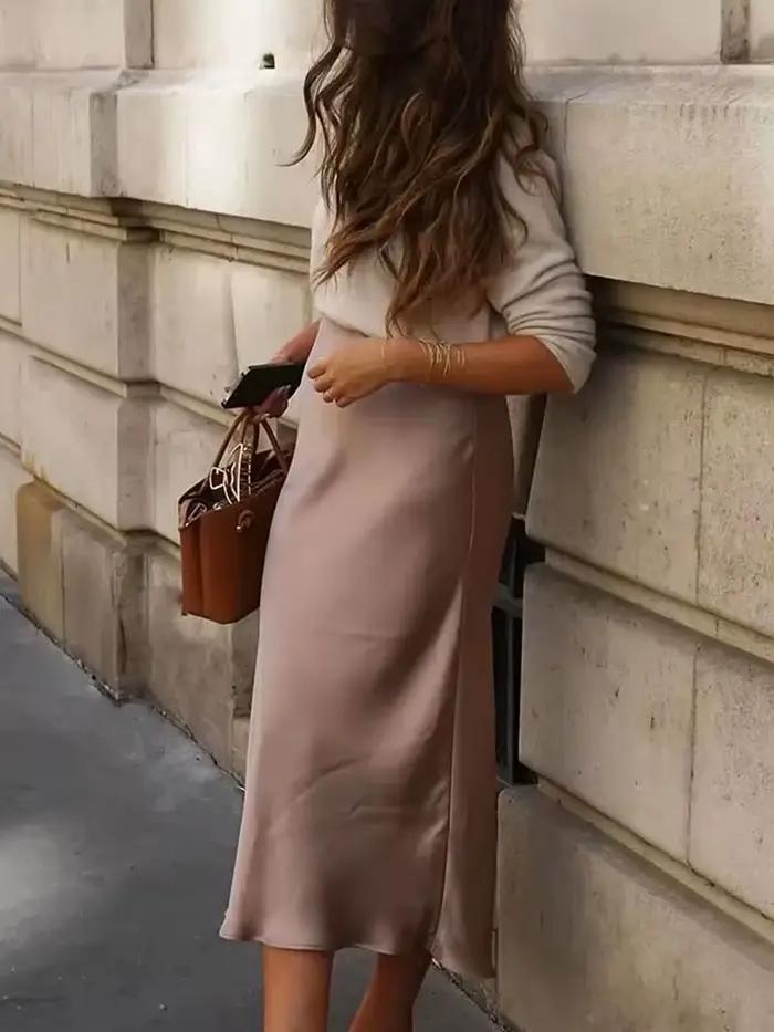 HH femmes élégant solide Satin jupe longue Chic Y2K taille haute jupes minces femme mode soie Texture dames serré