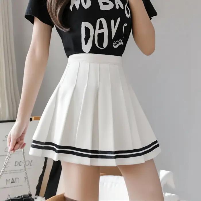 Jupe plissée taille haute pour femme, style JK, mini-jupe rayée, mode universitaire, jupe courte trapèze noire et blanche pour l'école ou le quotidien