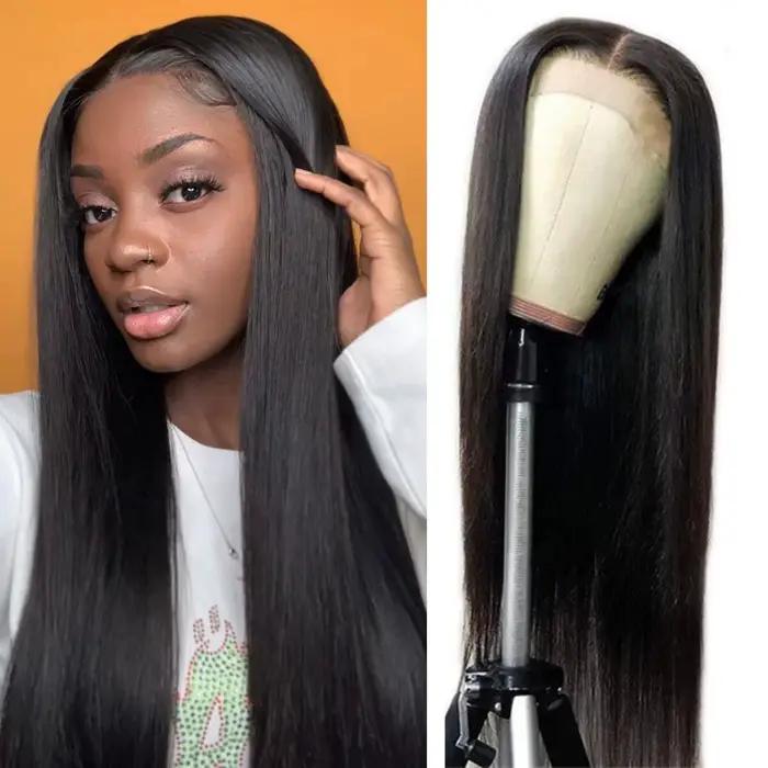 Perruque Lace Front Wig Synthétique HD Sans Colle, Cheveux Longs et Lisses, Noirs Naturels, Pre-Plucked, Fibre de Degré de Chaleur, pour Femme