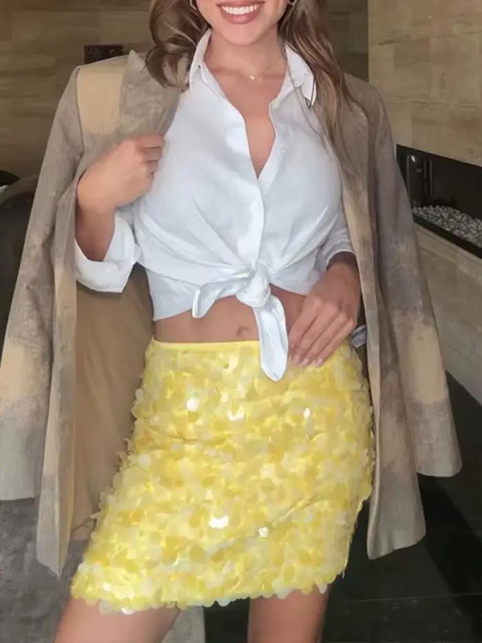 Jupe courte taille haute élégante et brillante à sequins pour femme – Idéale pour le bureau et les soirées romantiques