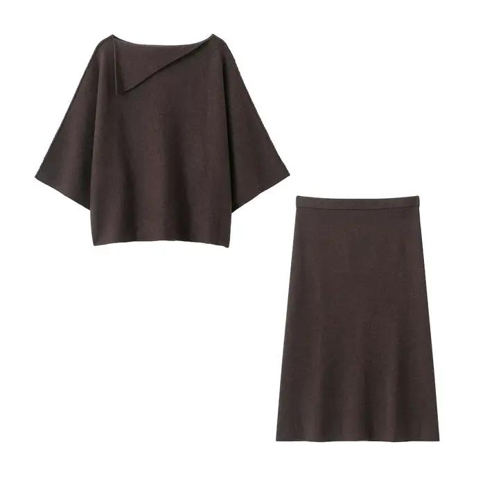 Ensemble élégant jupe midi et pull tricoté pour femme – Nouvelle collection automne – Col roulé et jupe midi en polyester couleur unie