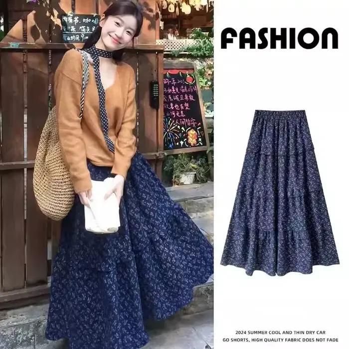 Nouveau élégant bleu foncé à fleurs femmes taille haute rétro bleu jupe florale femme a-ligne jupe décontracté paresseux vent jupe longue