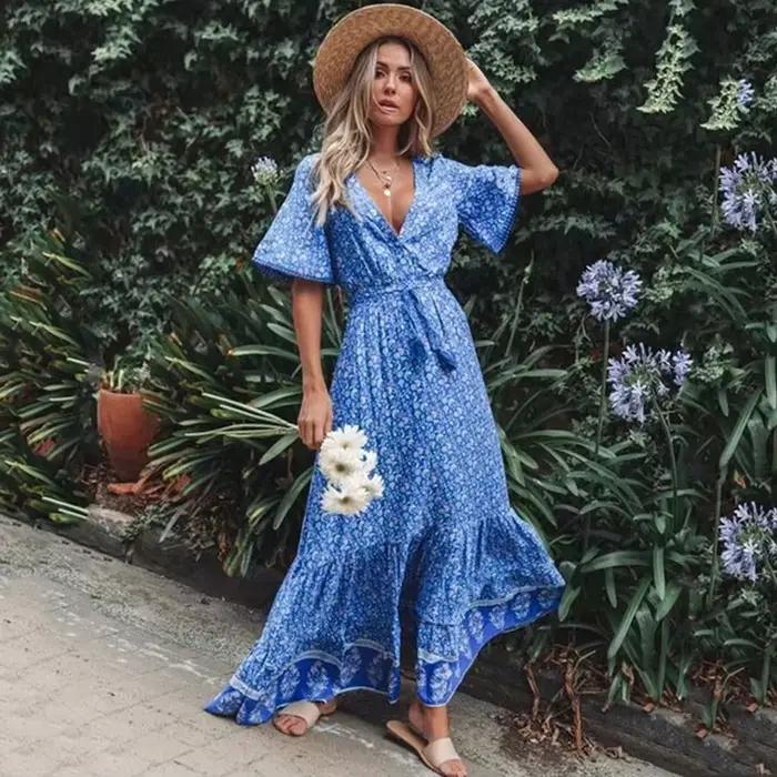 Robes Maxi en Coton Bleu Rayonne pour Femmes