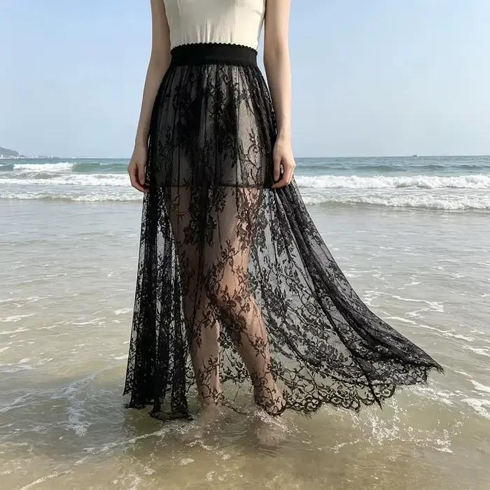 Y2K – jupe Maxi en dentelle noire pour femmes
