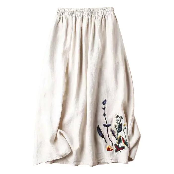 Jupe mi-longue évasée vintage en coton et lin brodée de fleurs pour femme