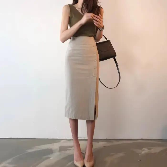 Jupe crayon mi-longue fendue taille haute pour femme en polyester décontractée printemps automne élégante pour le bureau occasions spéciales