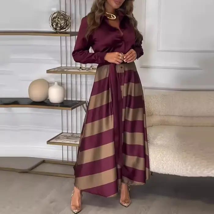 Robe longue taille haute pour femmes, élégante, décontractée, manches longues, rayures imprimées, épissure, lacets, Slim, pull, automne