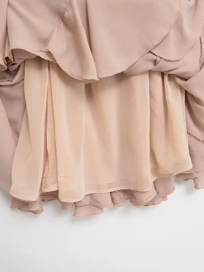Jupe mi-longue rose superposée chic pour femme 2026 – Jupe élastique élégante à volants étagés coupe trapèze de haute qualité