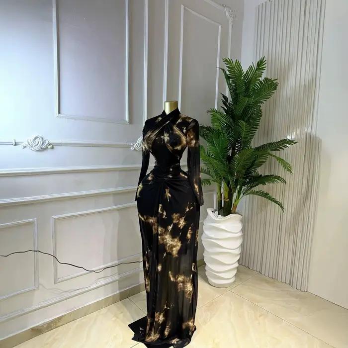Robe longue imprimée pour femme, style Y2K streetwear, sexy, manches longues, moulante aux hanches, élégante, avec empiècements, pour soirée, travail ou occasion spéciale 2026