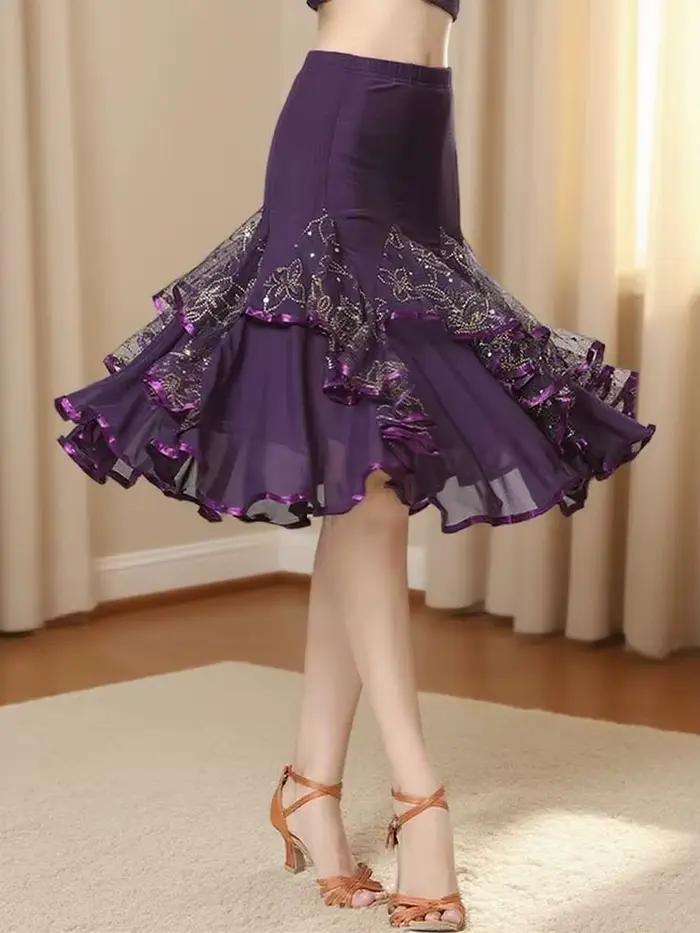 Jupe de danse longue et élégante à volants pour femmes et jeunes filles