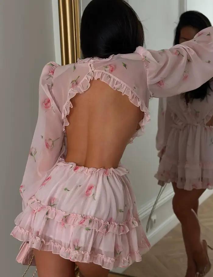 Robe mini à imprimé floral dos nu pour femme