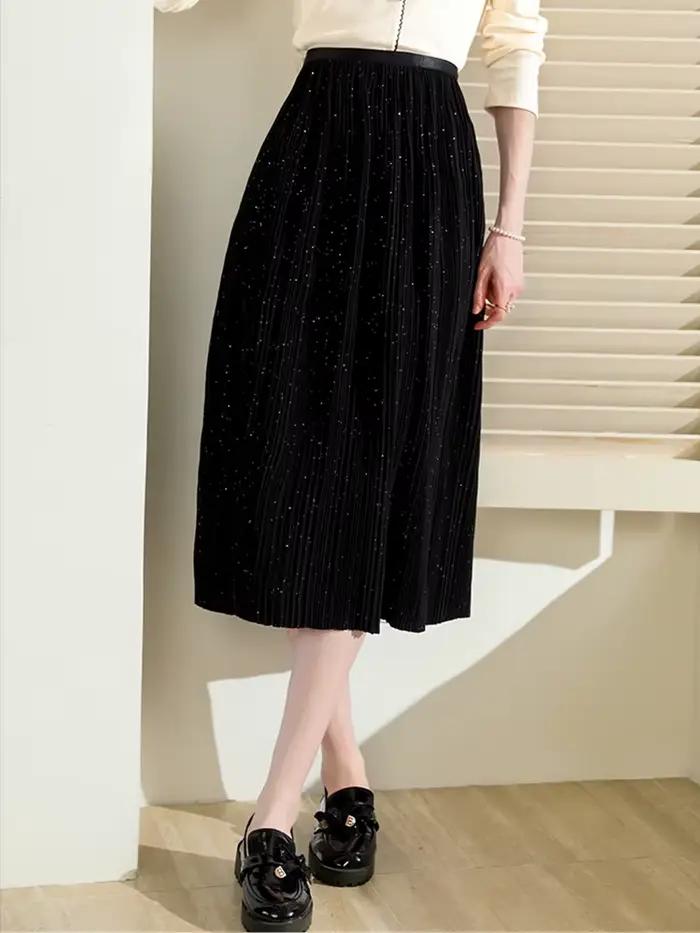 Je vous crois noir paillettes plissé a-ligne jupe 2025 automne élastique taille haute jupes rétro trajet parapluie