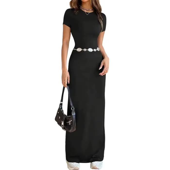 Robe T-shirt longue ajustée élastique pour femmes, décontractée, solide couleur, ajustée mince, col rond, manches courtes, adapté aux vacances et événements festifs
