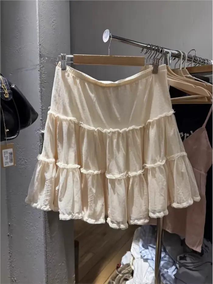 Jupes Jacquard en maille à pois longueur genou pour femme, taille élastique, volants, coupe trapèze, style preppy, jupe courte beige Y2K