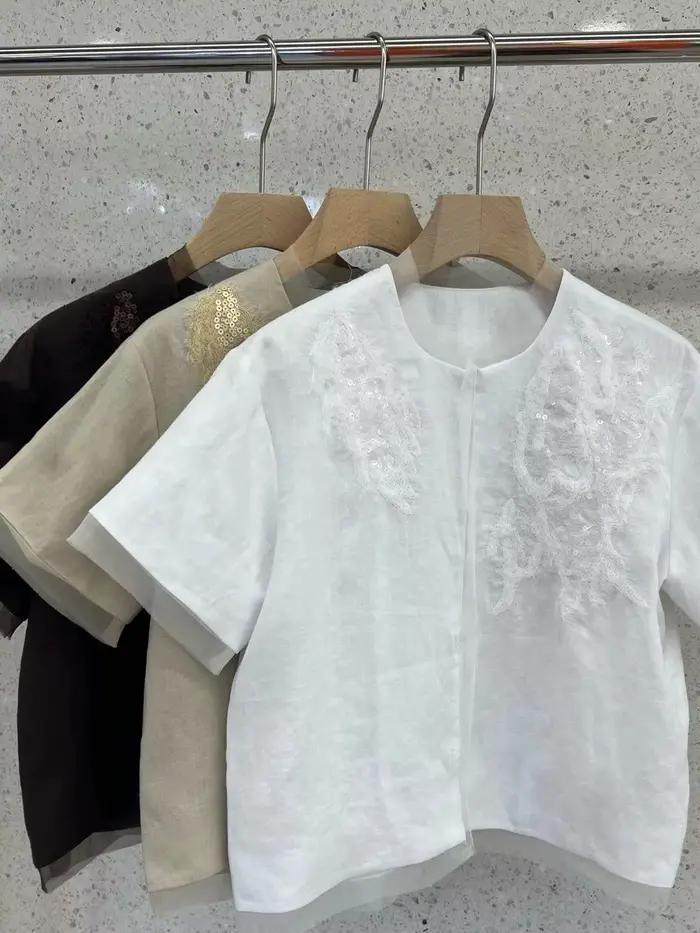 Ensemble jupe à manches courtes en lin brodé de perles
