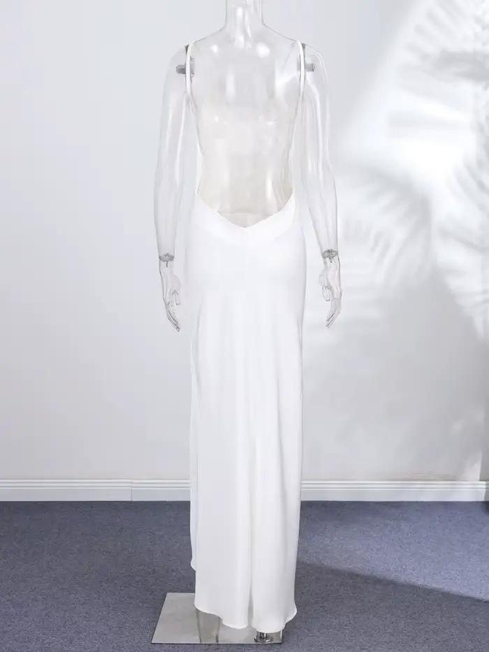 Nouvelle Robe Longue Élégante en Satin pour Femme, Dos Nu, Fente Haute, Col en V, Sans Manches, pour Soirée et Cérémonie, Été 2026, Unie, Coupe Ajustée