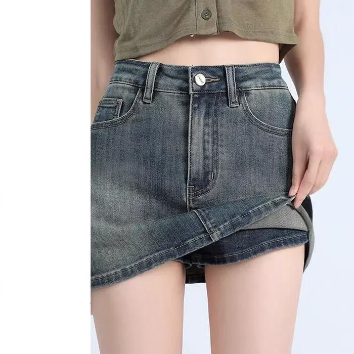 Jupe mini trapèze taille haute en jean rétro pour femme, style 'Spicy Girl', amincissante, anti-transparence, mi-longue, tendance streetwear pour l'été