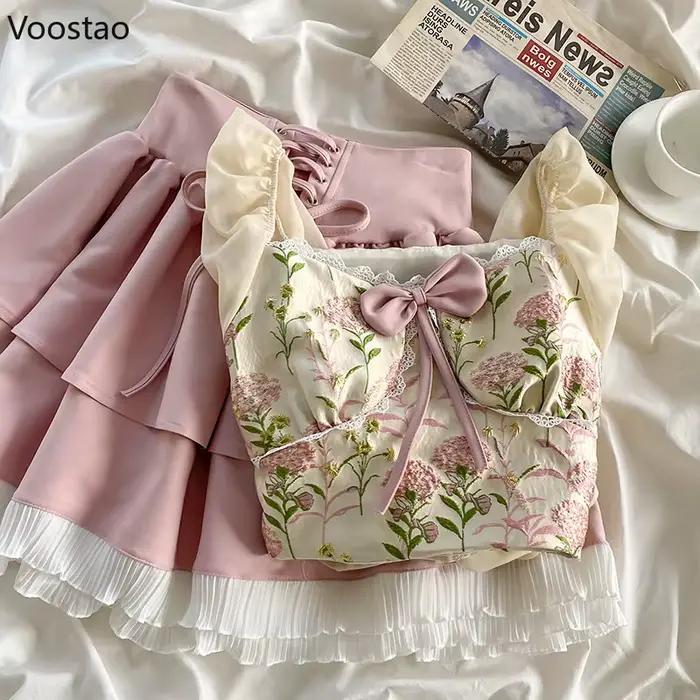 Ensemble jupe Sweet Lolita pour femme, chemisier court à manches bouffantes, mini jupe à volants roses, col carré, nœud français élégant, imbibé
