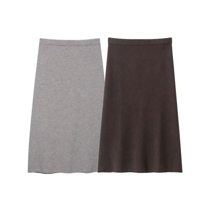 Ensemble élégant jupe midi et pull tricoté pour femme – Nouvelle collection automne – Col roulé et jupe midi en polyester couleur unie