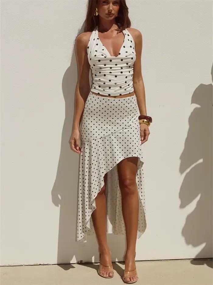 Ensemble jupe à pois deux pièces pour femme : haut sans manches à col en V et mini-jupe taille haute – Tenue sexy et