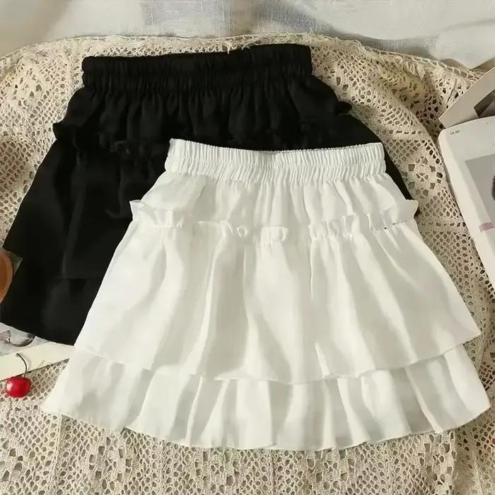 Été Kawaii blanc volants jupe femmes mode coupe ajustée en mousseline de soie Mini jupes Giris Y2k tout Match élastique taille haute noir Faldas