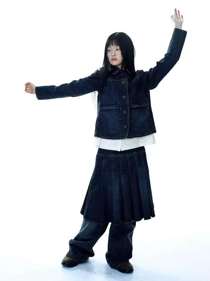 Veste en jean à col rabattu délavé, Vintage coréen, jupe plissée + pantalons décontractés, ensembles 3 pièces, tenues pour femmes, costumes de styliste Y2k