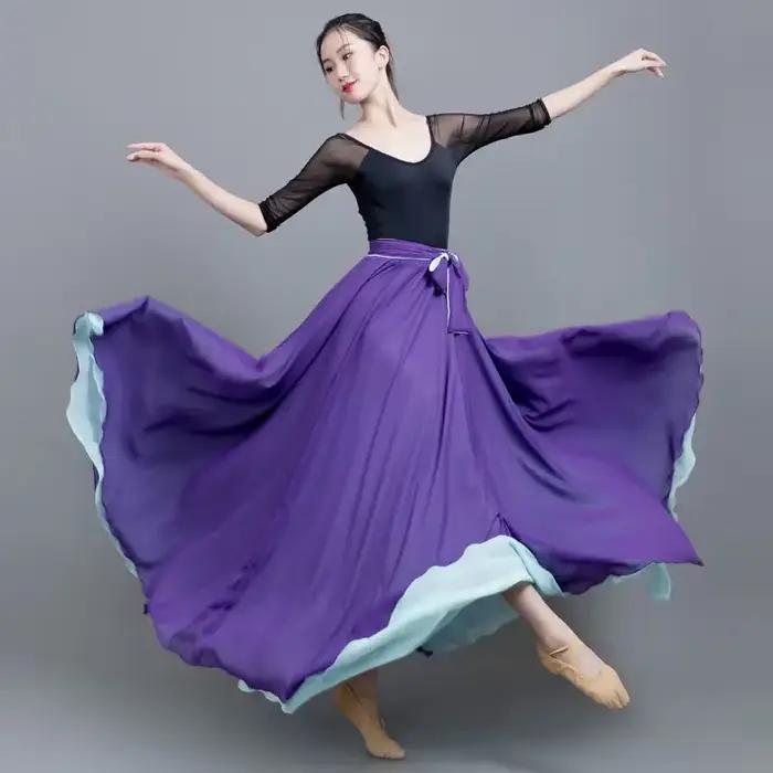8Mi-Robe de danse longue double face en mousseline de soie pour femme