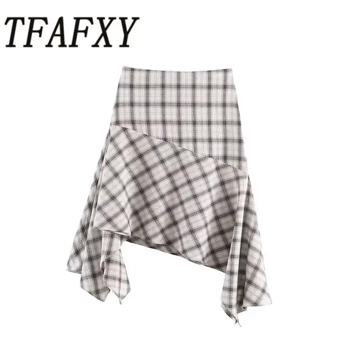 TFAFXY Nouvelle Collection Printemps 2026 Jupes Femme Chic et Élégantes à Carreaux Asymétriques Coupe Trapèze