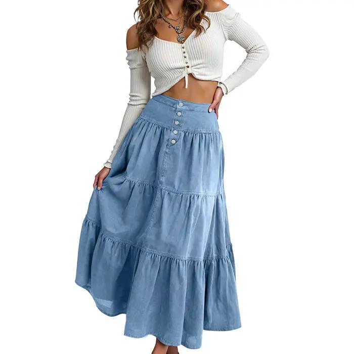 Jupe en jean femme Boho élégant à volants grand ourlet a-ligne décontracté mode