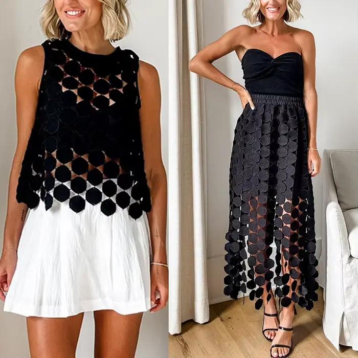 Ensemble deux pièces tendance pour femme : haut court sans manches ajouré et jupe trapèze à franges