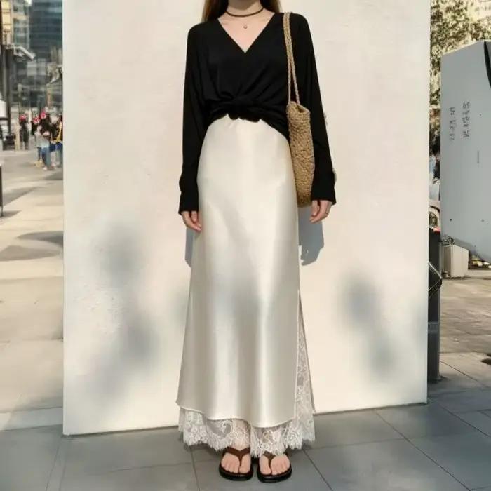 Jupe longue en satin d'acétate