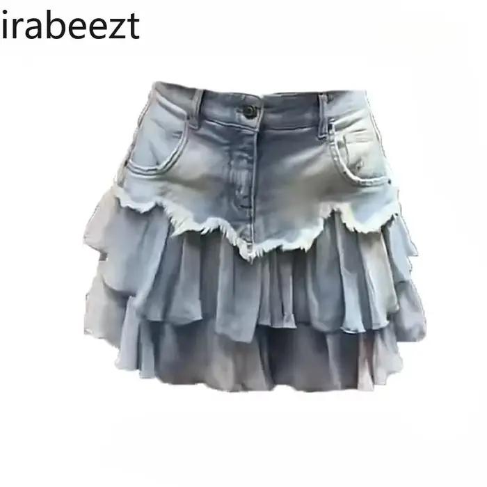 Dames jupes été nouveau personnalisé épicé fille épissé taille haute Denim a-ligne bord brut plissé jupe courte vêtements pour femmes
