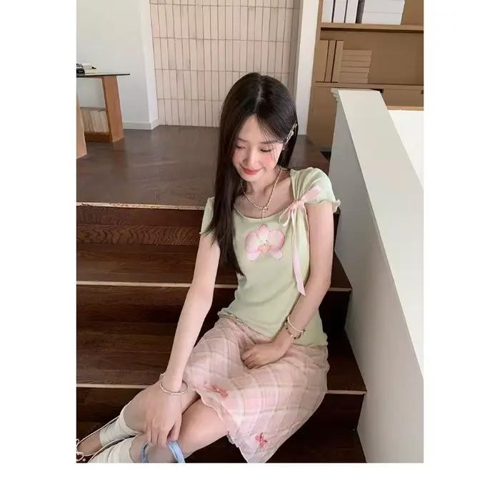Jupe mi-longue rose à carreaux pour femme