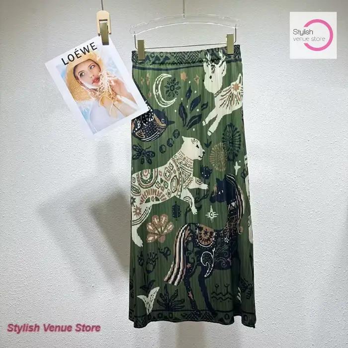 Jupe décontractée droite pour femme, style coréen, verte, motif dessin animé, design estival, taille haute, fendue, imprimé contrastant, élégante