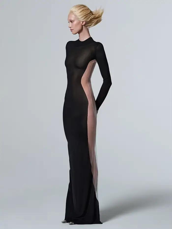 Robe transparente noire pour femme, pull long tambour, vêtements slim, streetwear sexy, patchwork en maille, robe éducative, automne