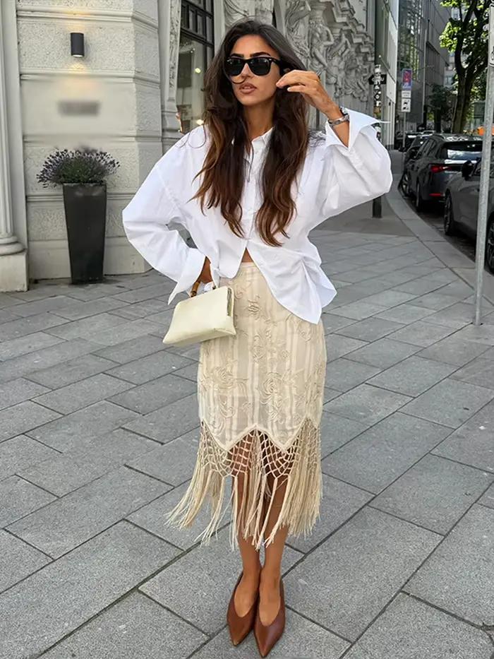 Jupe longue maxi décontractée pour femme avec broderies et pompons, taille haute, coupe ample, nouvelle collection 2026 pour les fêtes et le quotidien