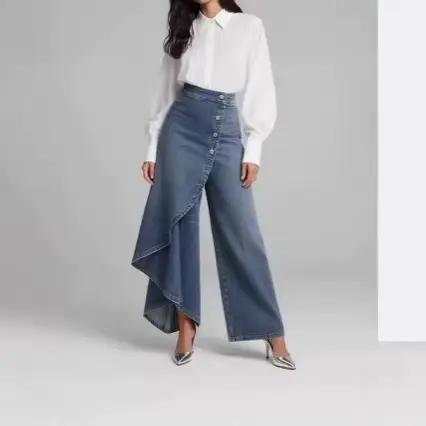 Jupe-culotte en jean pour femme, style vintage, avec boutons, coupe large, taille haute irrégulière, pantalon droit, élégant, avec empiècements, pour l'été