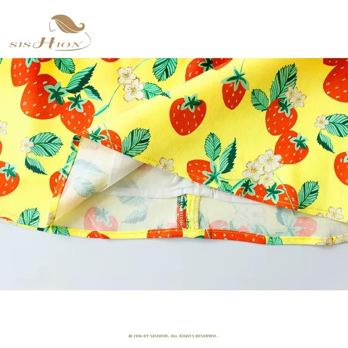 SISHION 50s 60s Vintage fraise imprimé Mini longueur jaune jupe SS0008 une ligne coton courte Sexy été femmes jupes