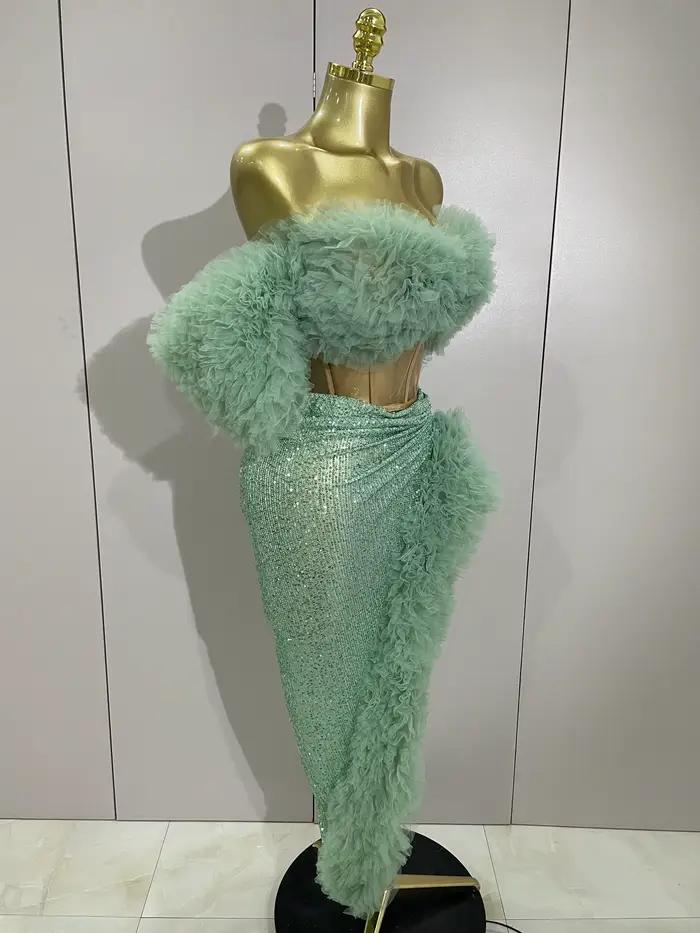 Paillettes brillantes haut jupe courte deux pièces ensemble 2025 femmes Sexy célébrer soirée bal fête d'anniversaire robe discothèque scène tenue