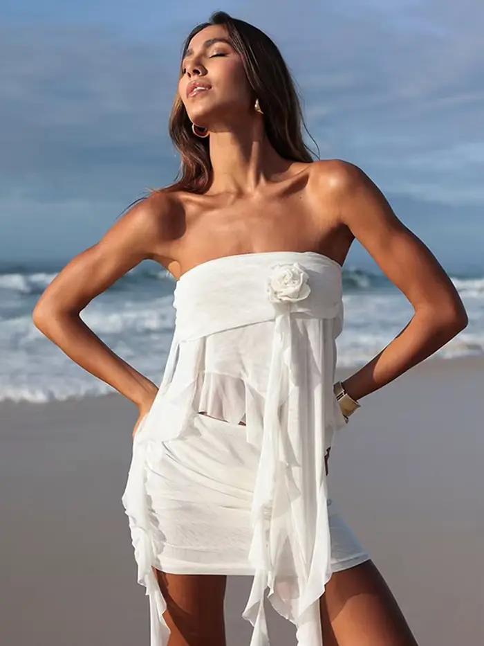 3D fleur bustiers jupe costume femmes Sexy solide sans manches dos nu irrégulière haut à volants gaine plissée Mini jupes Chic dame ensembles