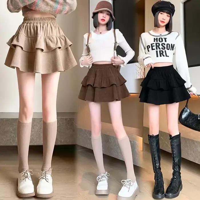 Fanan – jupe trapèze taille haute à volants bouffants pour femme, jupe plissée en velours côtelé assortie avec tout, Mini gâteau Vintage Y2K, nouvelle collection automne 2024