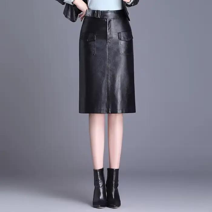ZUZK femmes genou longueur PU jupe en cuir printemps automne couleur unie décontracté jupes droites